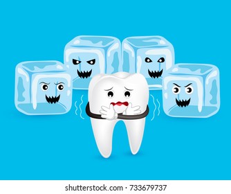 Cartoon tooth character with horror ice. Cold sensitive teeth. Dental care concept, illustration isolated on blue background.