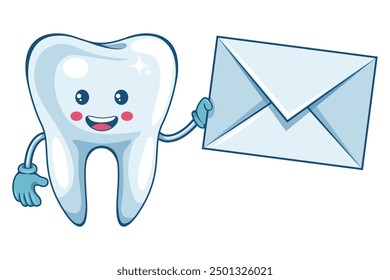 Cartoon of a tooth character with letter envelope for email. Prevention, diagnosis and treatment of tooth. Dental hygiene and oral care. Tooth decay prevention. Health and medicine concept