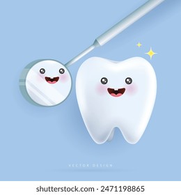 cartoon tooth character looking in dental inspection mirror. Healthy tooth metaphor. can be used in children dentist clinic. medical health and dentistry concept. cartoon dental character. vector.