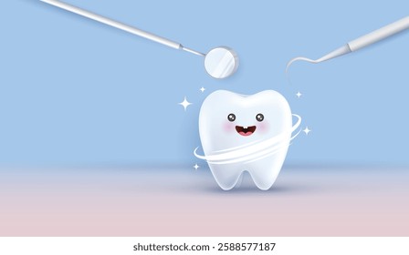 Cartoon tooth character looking in dental inspection mirror. Healthy tooth metaphor. can be used in children dentist clinic. medical health and dentistry concept. cartoon dental character. vector.