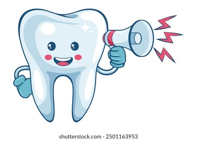 Caricatura de un personaje de un diente haciendo un anuncio con un megáfono. Prevención, diagnóstico y tratamiento de las enfermedades dentales y de las encías. Higiene dental y cuidado bucal. Prevención de la caries dental