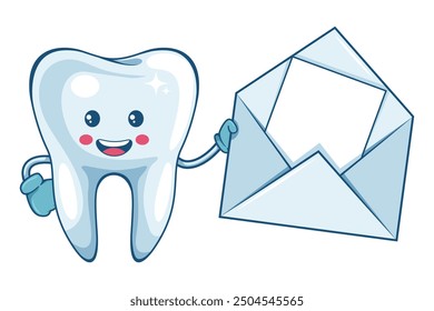 Cartoon of a tooth character with open letter envelope for email. Prevention, diagnosis and treatment of tooth. Dental hygiene and oral care. Tooth decay prevention. Health and medicine concept