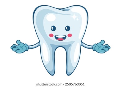 Cartoon of a tooth character. Prevention, diagnosis and treatment of tooth and gum diseases. Dental hygiene and oral care. Tooth decay prevention. Health and medicine concept