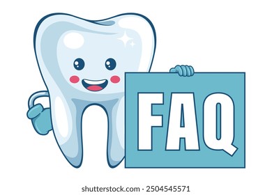 Caricatura de un personaje de diente con signo de letras FAQ. Preguntas frecuentes. Prevención, diagnóstico y tratamiento de las enfermedades dentales y de las encías. Higiene dental y cuidado bucal. Prevención de la caries dental