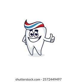 A cartoon tooth character with a smiling face, red, white, and blue striped toothpaste-like hair, giving a thumbs-up gesture.