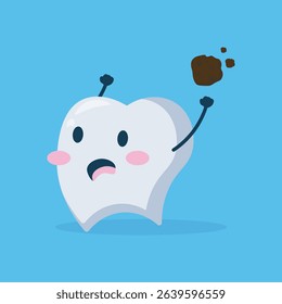 Cartoon tooth character with a surprised expression, its mouth open, and arms raised.  A dark stain is visible above the tooth, suggesting a hygiene issue. The background is a solid light blue color.