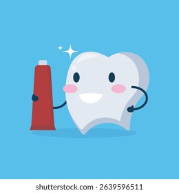 Cartoon tooth character, with a tube of toothpaste, is displayed on a light blue background. The tooth is depicted in a cheerful and friendly manner, with large, expressive eyes and a wide smile. The 