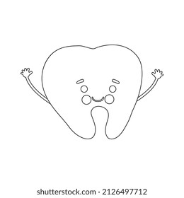 Cartoon tooth character. Vector black and white coloring page.