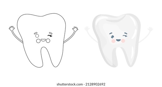 Cartoon tooth character. Vector black and white coloring page.