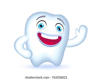 Cartoon Tooth Character waving hand in greeting. Vector illustration.