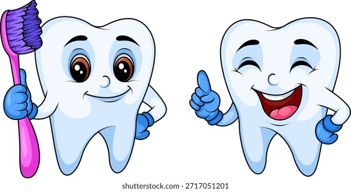 Personagens de dente de desenho animado Сute definidos com escova de dentes e espelho dentário