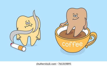 Cartoon tooth with cigarette and cup of coffee. Yellowing teeth and other discoloration. Dental care concept. 