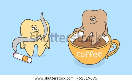 Cartoon tooth with cigarette and cup of coffee. Yellowing teeth and other discoloration. Dental care concept. 