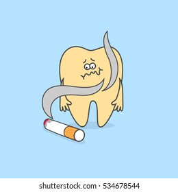 Cartoon tooth with cigarette. Yellowing teeth and other discoloration. Dental care concept.