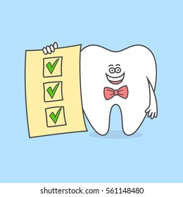 Cartoon tooth with completed to do list. Three green check marks on a sheet of paper. Dental care and hygiene icon. Plan for teeth treatment.