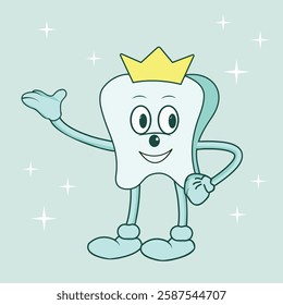 Cartoon tooth in a crown among stars, tooth smiling, character tooth in groovy style, crown, stars