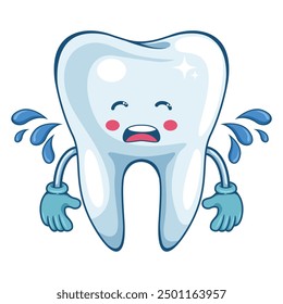 Cartoon of a tooth crying because it is sick. Prevention, diagnosis and treatment of tooth and gum diseases. Dental hygiene and oral care. Tooth decay prevention. Health and medicine concept