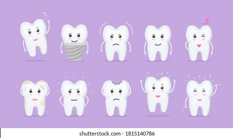 Cartoon tooth. Cute teeth with different emotions set for label design. Smiling and upset animated cartoon teeth of characters. Oral care and dentistry concept. Flat style isolated vector illustration
