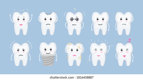 Cartoon tooth. Cute teeth with different emotions set for label design. Smiling and upset animated cartoon teeth of characters. Oral care and dentistry concept. Flat style isolated vector illustration