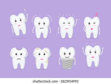 Cartoon tooth. Cute teeth with different emotions set for label design. Smiling and upset animated cartoon teeth of characters. Oral care and dentistry concept. Flat style isolated vector illustration