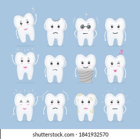 Cartoon tooth. Cute teeth with different emotions set for label design. Oral care and dentistry concept. Flat style isolated vector illustration. Smiling and upset animated cartoon teeth of characters