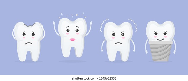 Cartoon tooth. Cute teeth with different emotions set for label design. Smiling and upset animated cartoon teeth of characters. Oral care and dentistry concept. Flat style isolated vector illustration