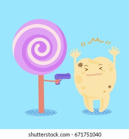 cartoon tooth decay feel afraid with candy