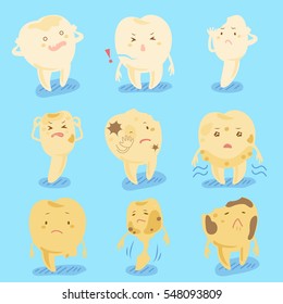  cartoon tooth decay feel unhappy and pain