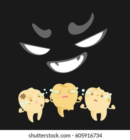 cartoon tooth with decay problem feel fear in the dark