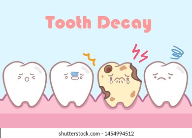 cartoon tooth with dental care on blue background