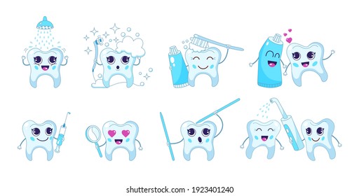 Сute cartoon tooth. Dental care. Teeth characters with toothbrush and toothpaste, mouth rinse with tooth mascot, teeth whitening. Prevention and treatment of teeth, health teeth vector illustration