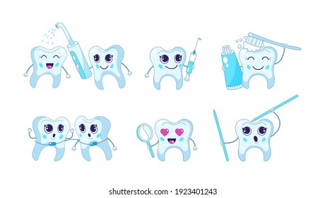 Сute cartoon tooth. Dental care. Teeth characters with toothbrush and toothpaste, mouth rinse with tooth mascot, teeth whitening. Prevention and treatment of teeth, health teeth vector illustration