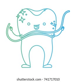 cartoon tooth with dental floss around in degraded green to blue color contour vector illustration