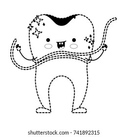 cartoon tooth with dental floss around in black dotted silhouette vector illustration