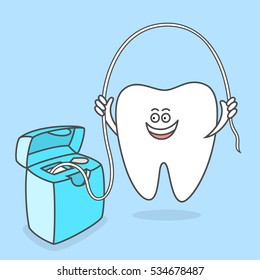 Cartoon tooth with dental floss. Teeth care concept and hygiene. Dental vector illustration for kids. Funny molar tooth plaing a rope. Dentisty poster for children.