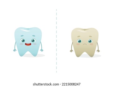 Cartoon tooth with enamel darkening. Dental problem before vs after with cute mascot. 