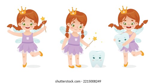 Cartoon tooth fairy baby girl. Poses set of cute tooth fairy. Adorable mascot for kids dental clinic.