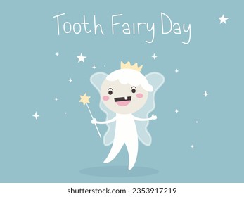 Cartoon Tooth fairy Vector illustration. National Tooth Fairy Day with handwritten text for Card