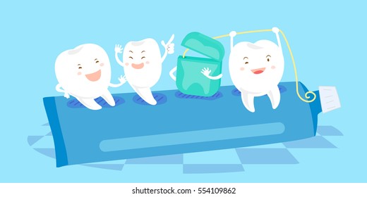 cartoon tooth and floss sit on the paste