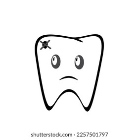 Diente de caricatura con un foco de caries y una cara triste. Ilustración del vector