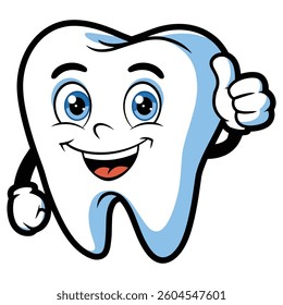 Cartoon tooth giving a thumbs up, vector illustration. A friendly and cheerful tooth with a thumbs up gesture, ideal for dental related themes, kids designs, and positive health messages.