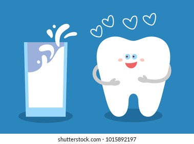 Cartoon tooth with a glass of milk. Dental illustration. Dentistry concept. Good food for your teeth. Flat style.