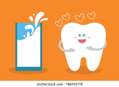 Cartoon tooth with a glass of milk. Dental illustration. Dentistry icon. Good food for your teeth. Flat style.