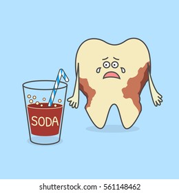 Cartoon tooth with a glass of soda and with decay or caries. Dental illustration. Teeth discoloration.