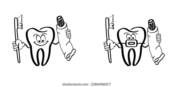 Cartoon tooth with gums and toothbrush, Molar line pattern. Vector toothpaste tube icon. Damage teeth brush or tooth brush with caries. Cracked tooth, mouth and dental, damaged. For brush day.