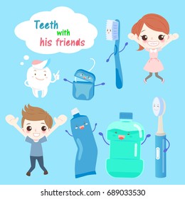 cartoon tooth with his friends on the blue background