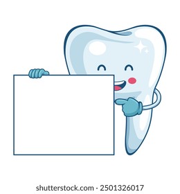 Cartoon of a tooth holding a banner with space for text for advertising. Prevention, diagnosis and treatment of tooth and gum diseases. Dental hygiene and oral care. Tooth decay prevention