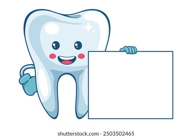 Cartoon of a tooth holding a banner with space for text for advertising. Prevention, diagnosis and treatment of tooth and gum diseases. Dental hygiene and oral care. Tooth decay prevention