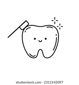 Cartoon tooth holding tooth brush. Smiling tooth with a brush. The concept of brushing teeth. Kawaii character for pediatric dentistry or poster. Oral hygiene, care, dentistry concept