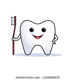 Cartoon tooth holding a brush. Vector illustration.